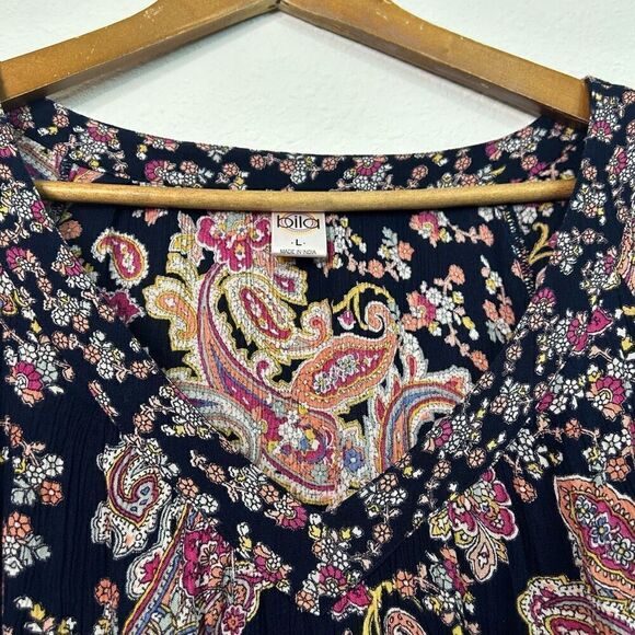 Bila Women’s Multicolor V Neck Paisley 3/4 Sleeve Boho Bohemian Top Size Large - Picture 5 of 13